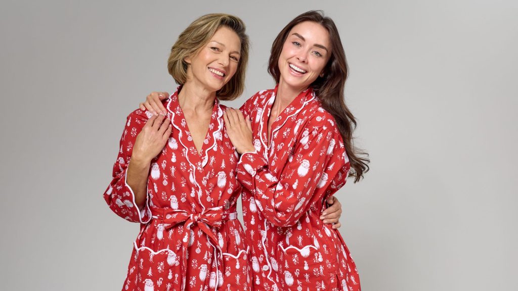 heidi carey's cotton red santa print pajama and robe collection.